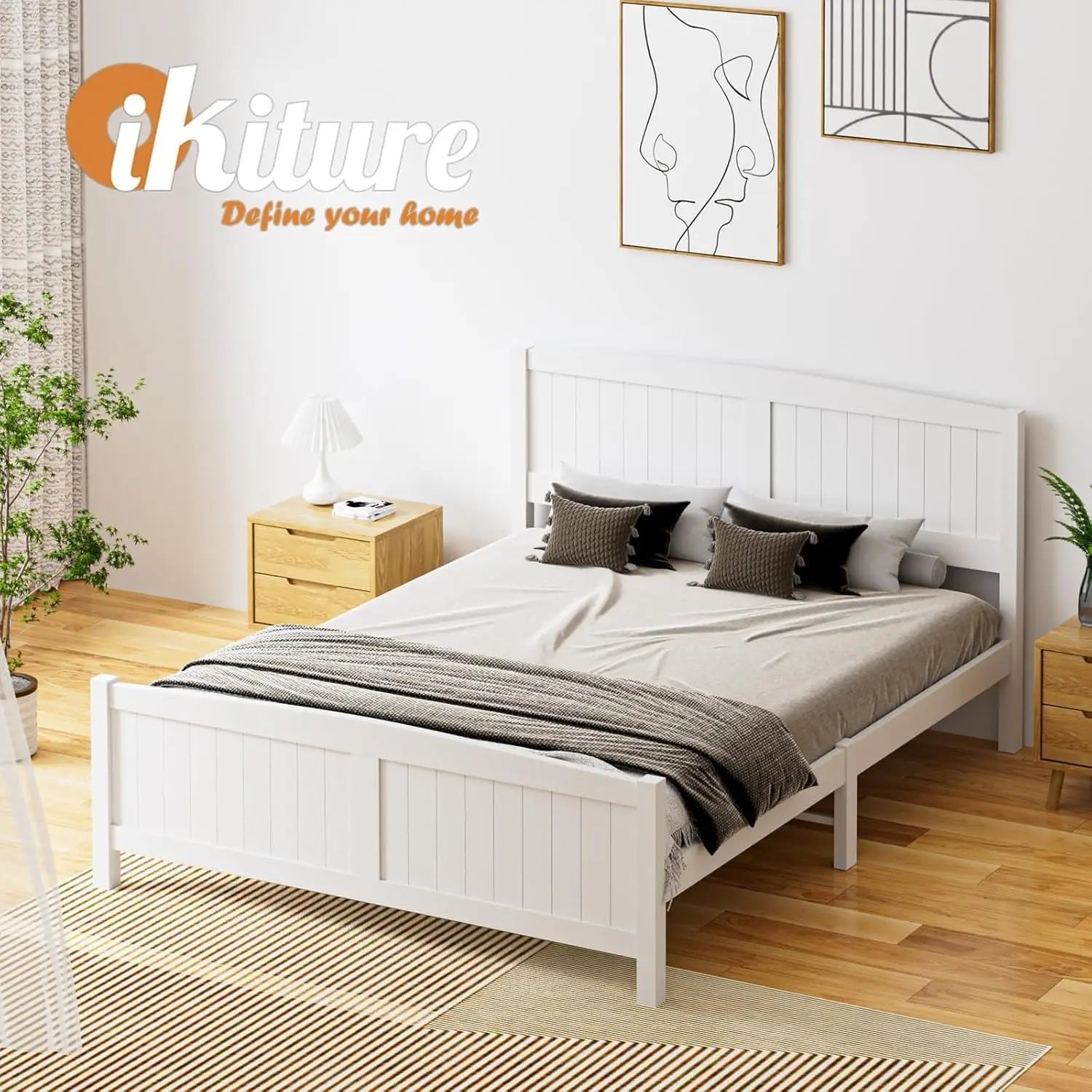 XMSJ Queen Bed Frame White Pine Wood - Platform Bed with Headboard & Footboard - Deal Done