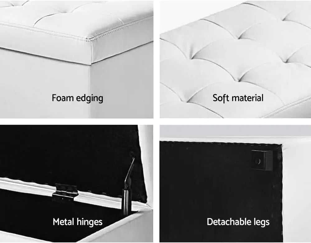 Storage Ottoman Foot Rest Stool 97cm - Padded Seat Blanket Box Chest White Faux Leather - Deal Done