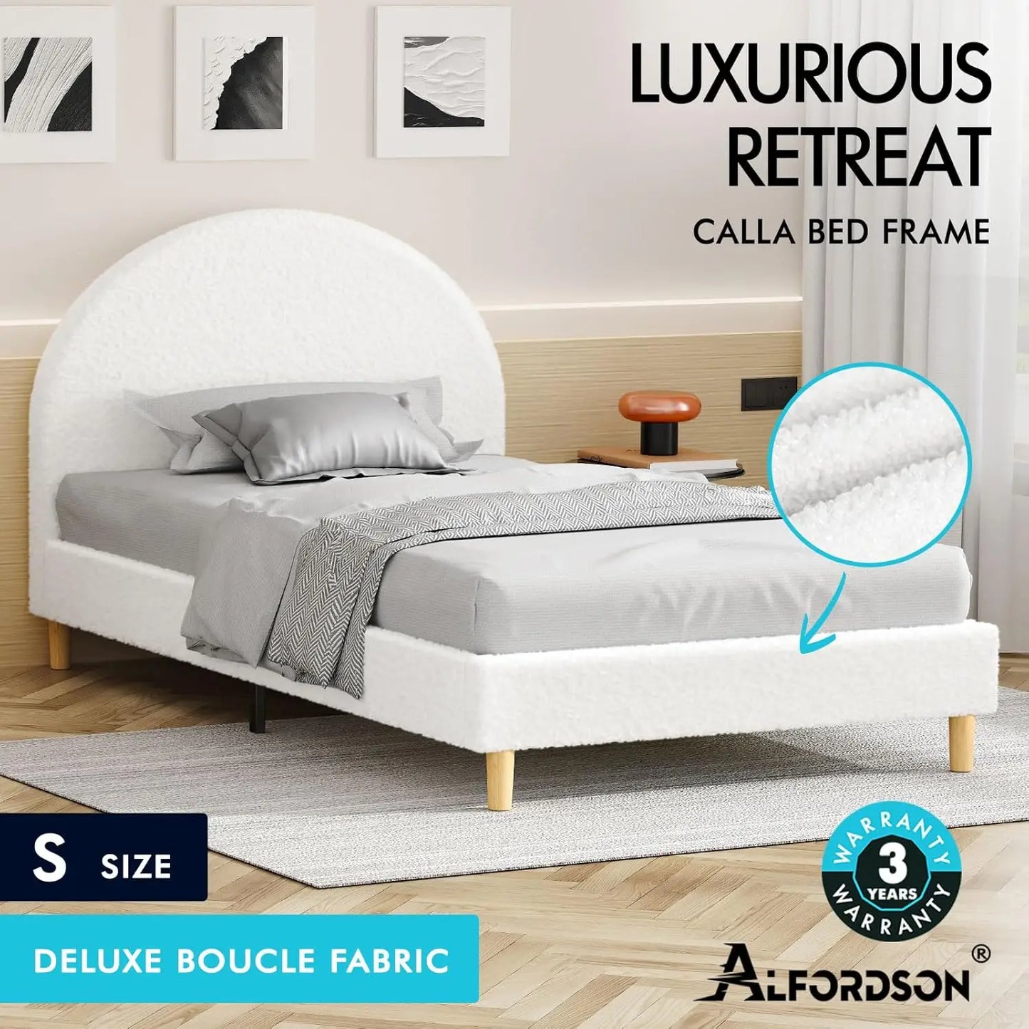 Single Size Bed Frame Calla Series, Boucle Fabric White, Bed Base Mattress Platform Foundation with Headboard - Deal Done