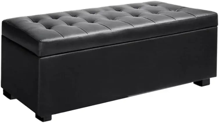 Storage Ottoman Foot Rest Stool 97cm - Padded Seat Blanket Box Chest Black Faux Leather - Deal Done