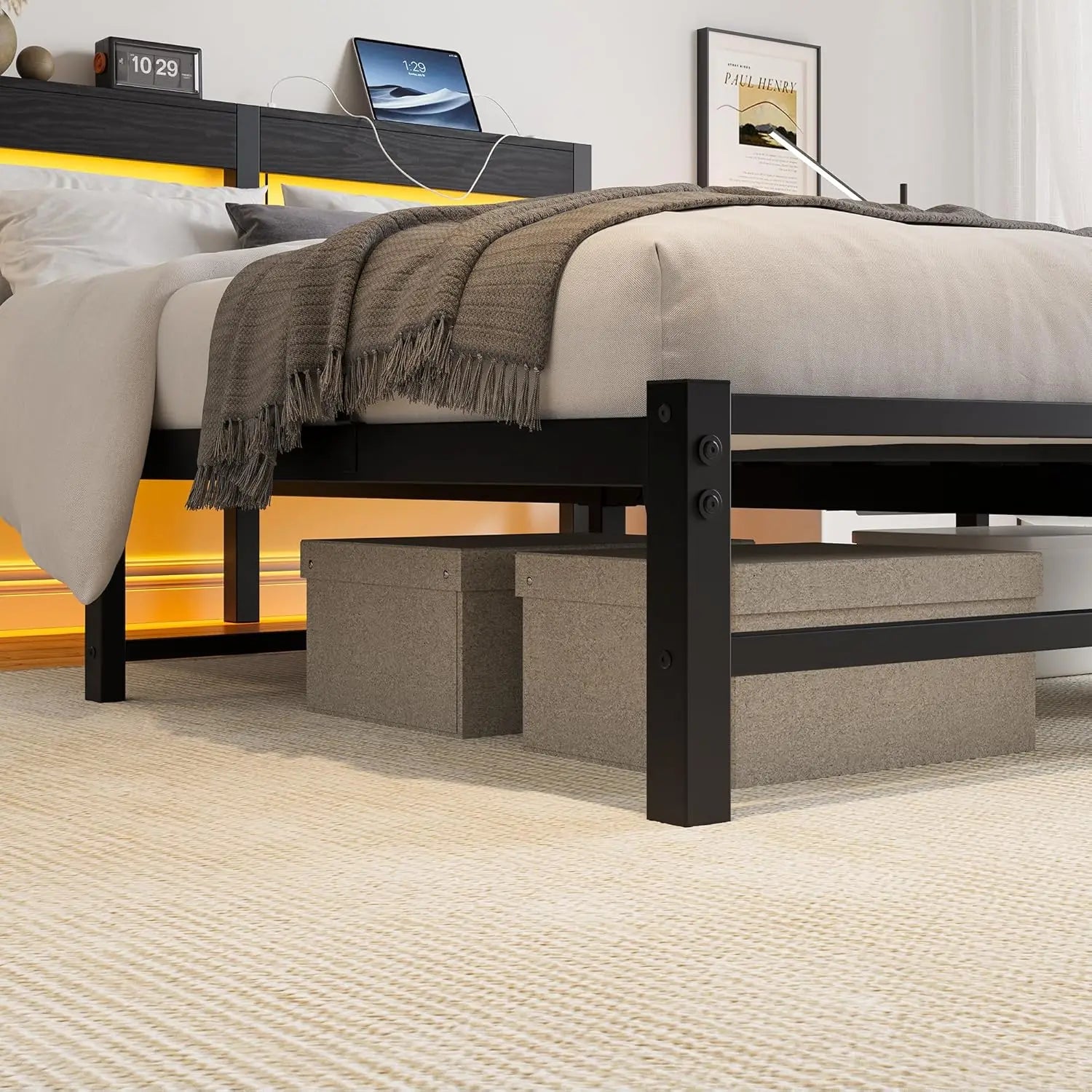 XMSJ Queen Bed Frame Black USB Charging Station LED Lights - Metal Platform Wood Storage Headboard - Deal Done