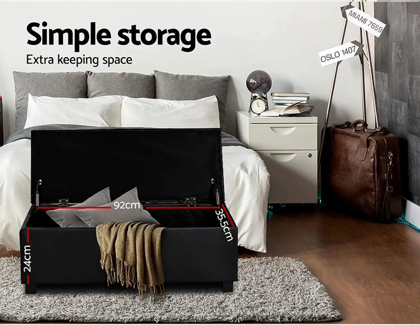 Storage Ottoman Foot Rest Stool 97cm - Padded Seat Blanket Box Chest Black Faux Leather - Deal Done