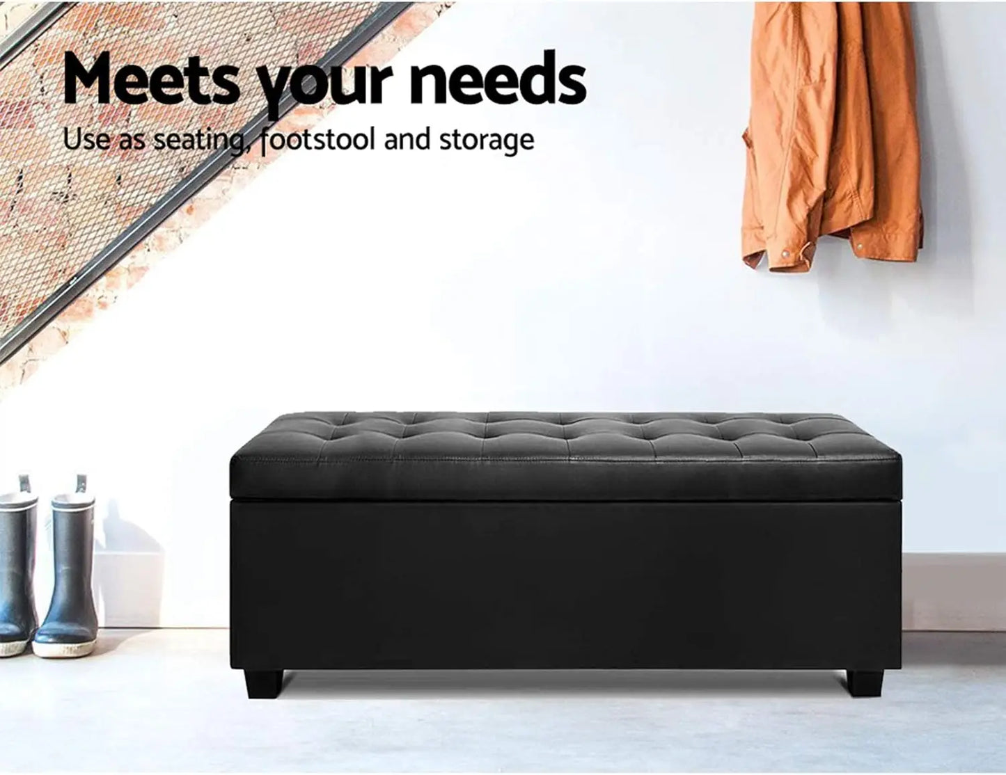 Storage Ottoman Foot Rest Stool 97cm - Padded Seat Blanket Box Chest Black Faux Leather - Deal Done