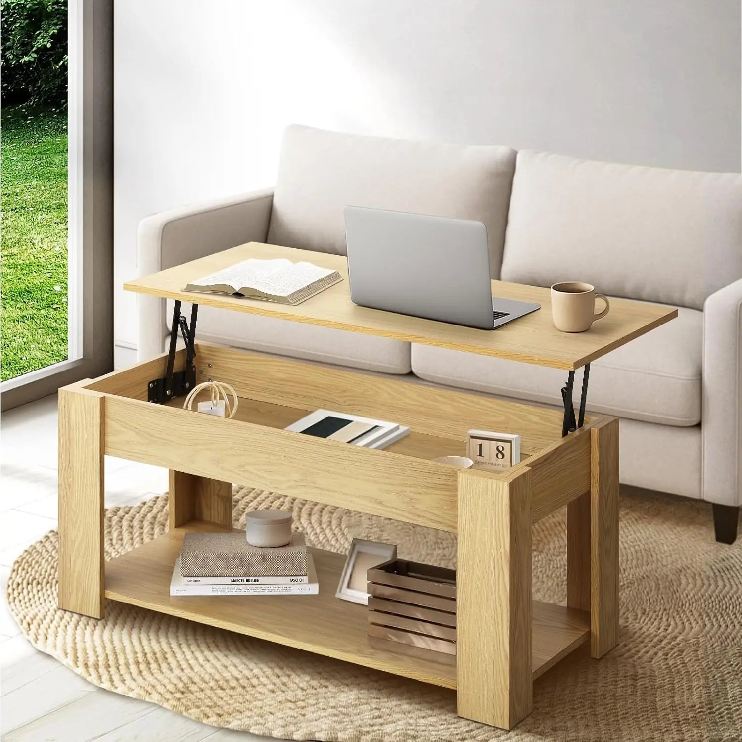 XMSJ Coffee Table with Hidden Compartment - Rising Tabletop Storage Shelf - Deal Done