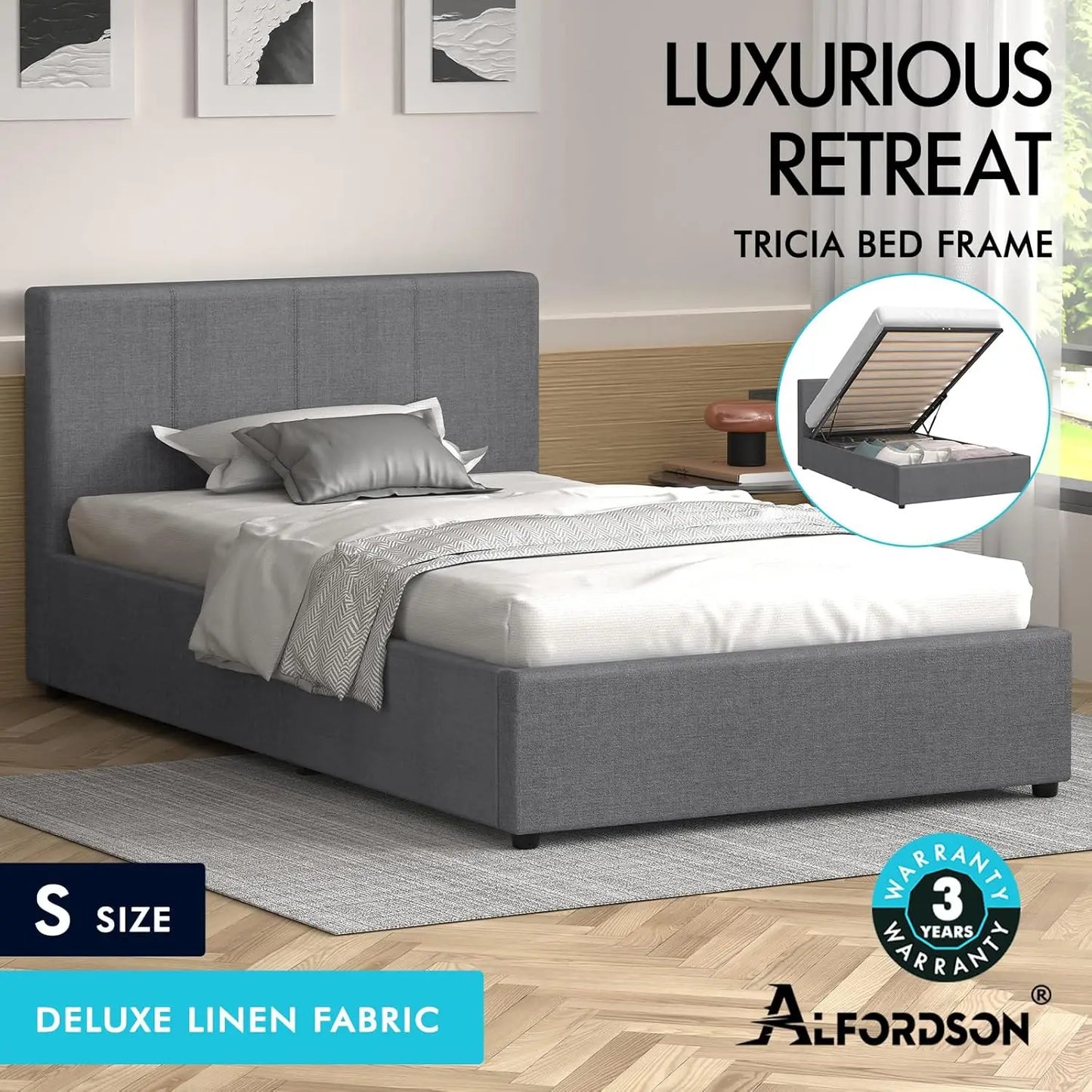 Bed Frame with Gas Lift Storage Base Single Size, Bed Platform Foundation with Linen Fabric Upholstered Tufted Headboard for Mat - Deal Done