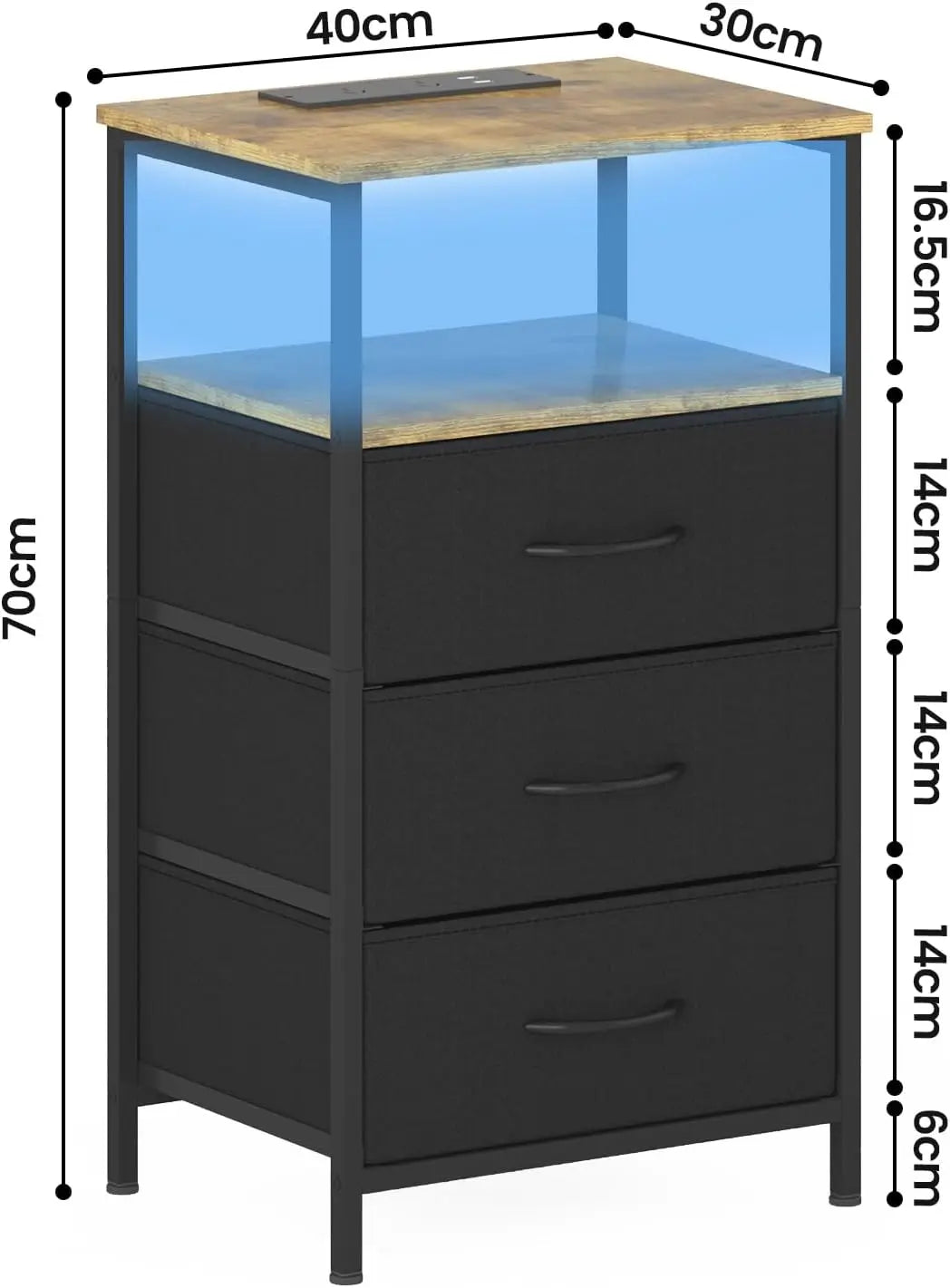 XMSJ LED End Table Modern Morocco - Charging Station with 3 Fabric Drawers & Shelf - Deal Done