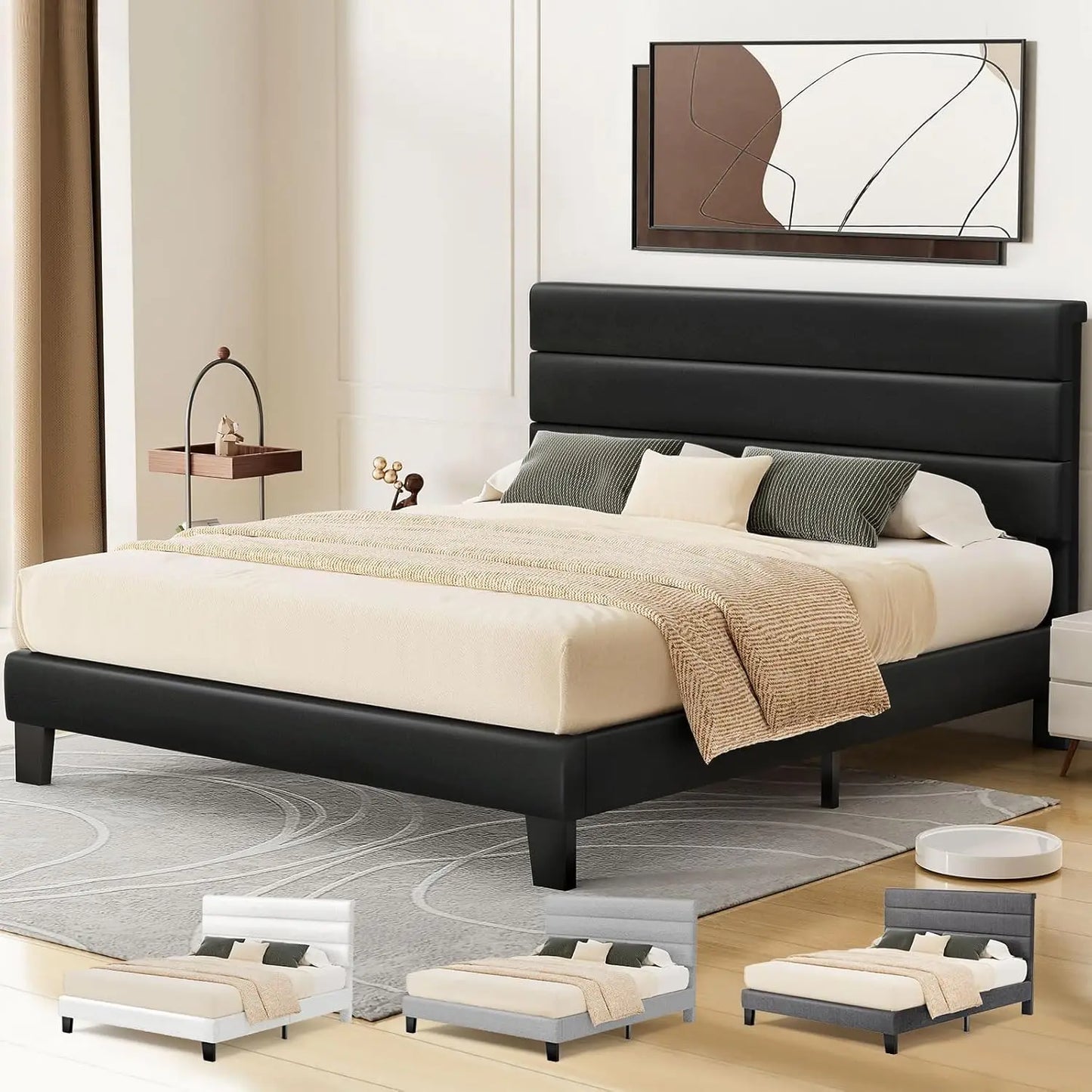 XMSJ Double Bed Frame with Headboard - PU Leather Upholstered Platform Foundation - Deal Done