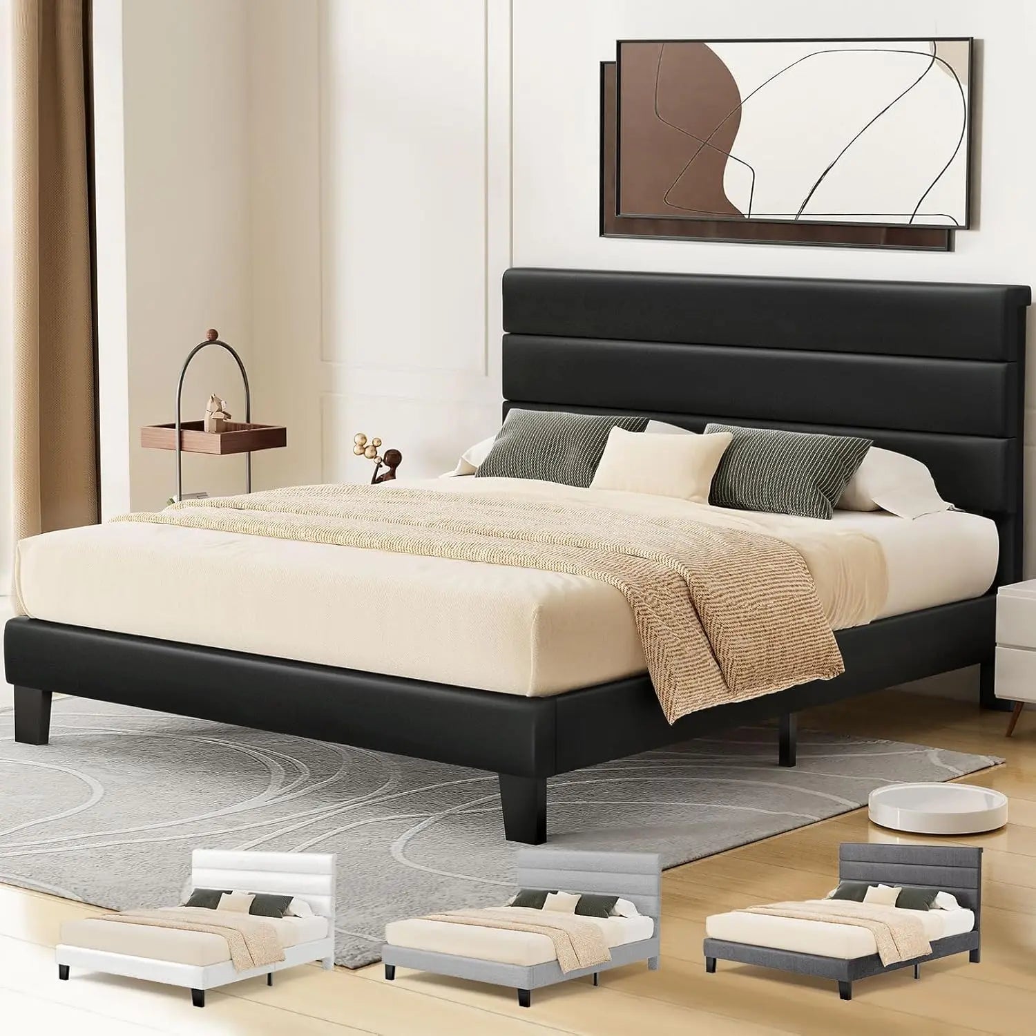 XMSJ Double Bed Frame with Headboard - PU Leather Upholstered Platform Foundation - Deal Done