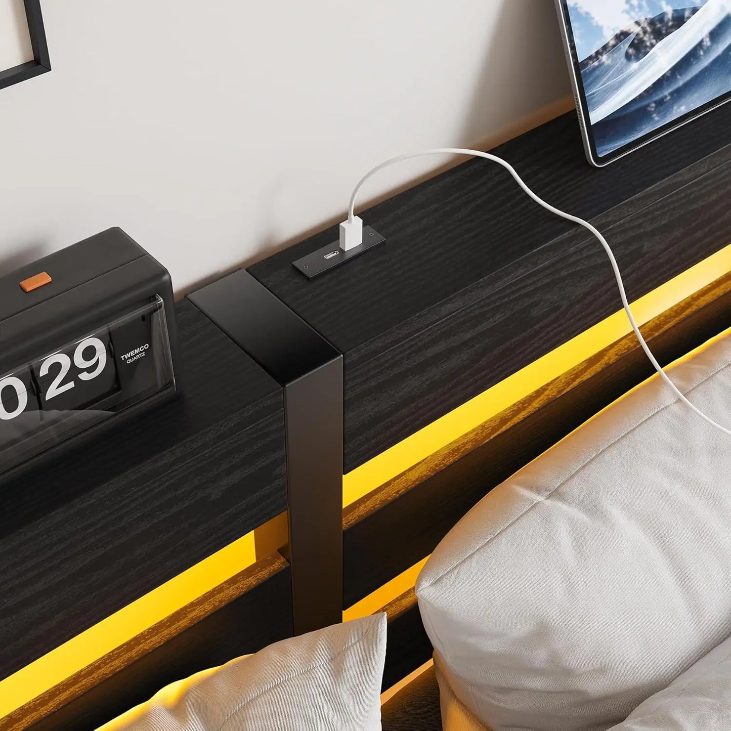 XMSJ Queen Bed Frame Black USB Charging Station LED Lights - Metal Platform Wood Storage Headboard - Deal Done