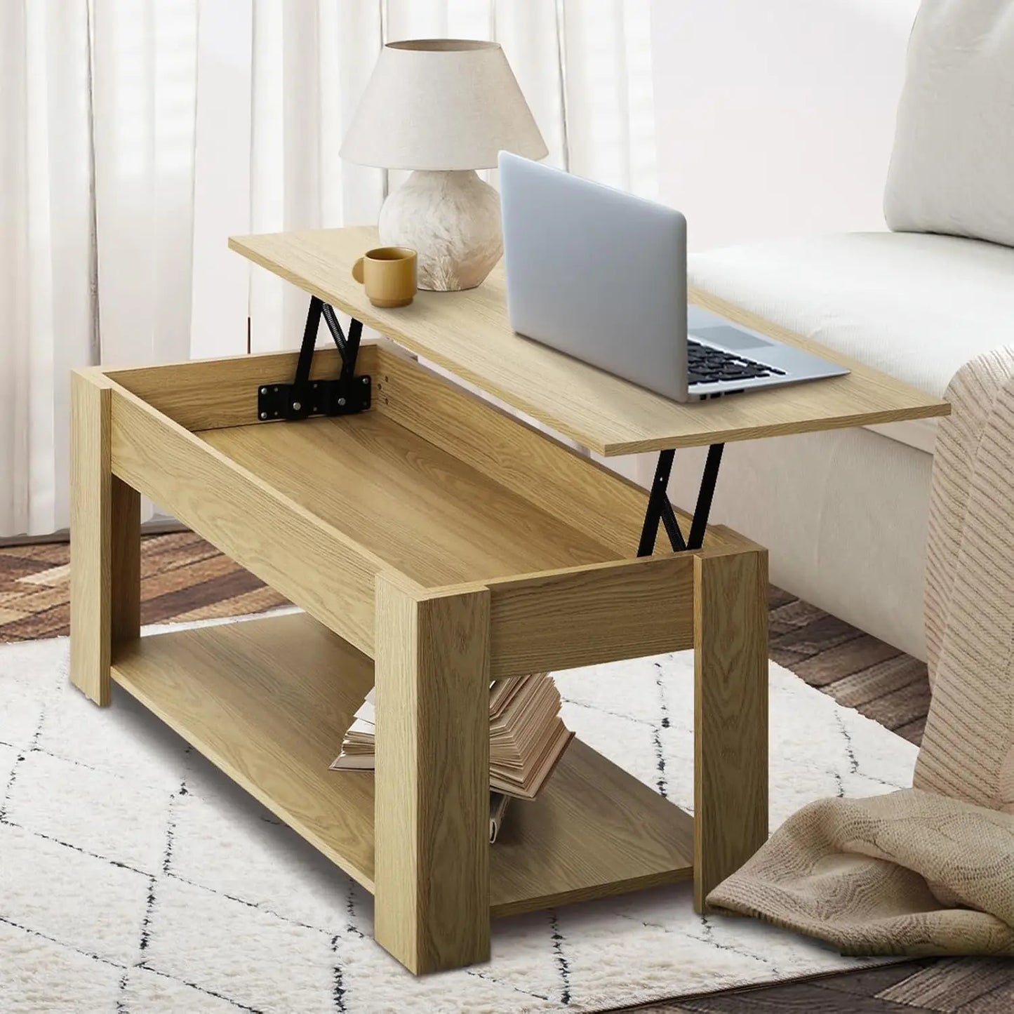 XMSJ Coffee Table with Hidden Compartment - Rising Tabletop Storage Shelf - Deal Done