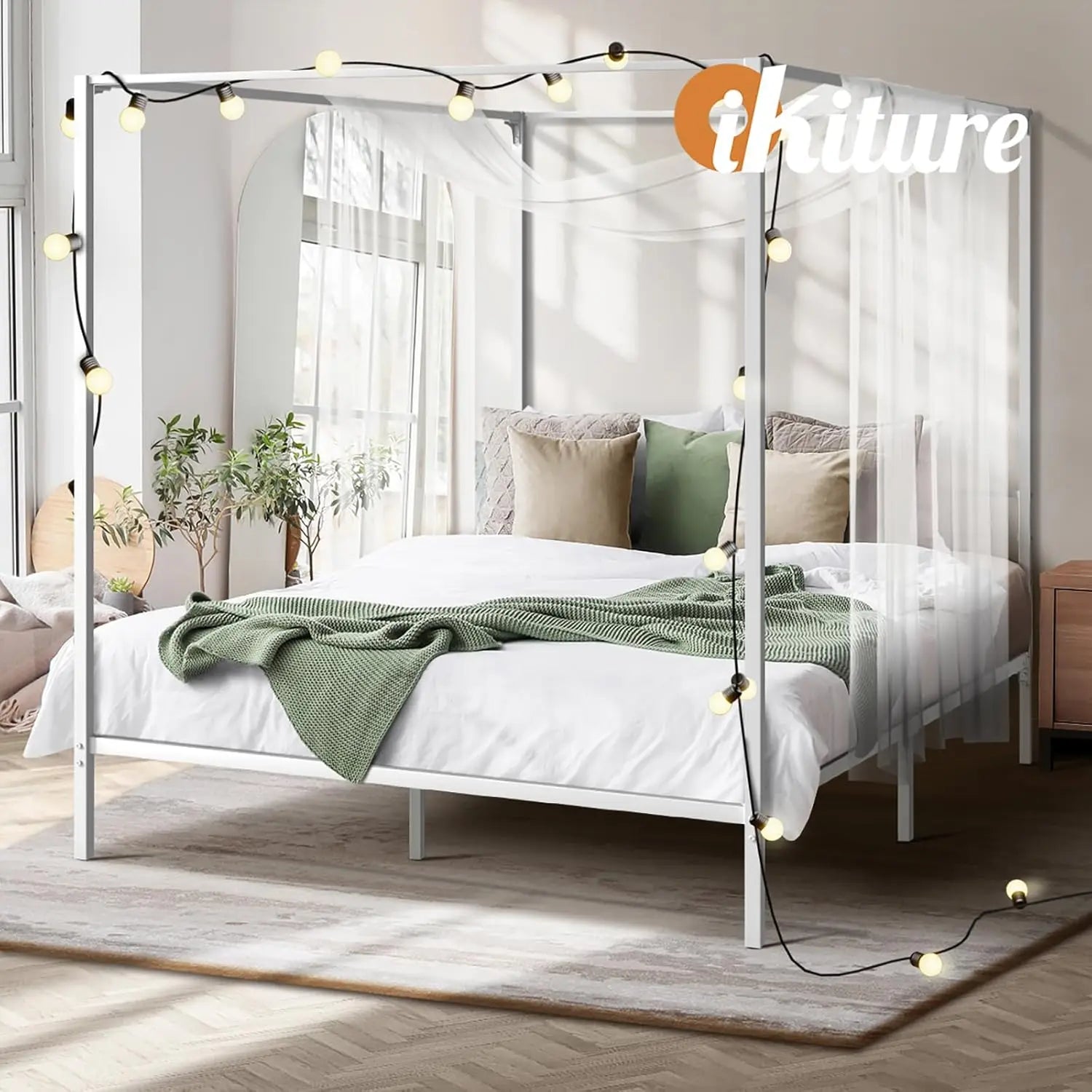 XMSJ Bed Frame Double Size Canopy - Metal Bed Base White Classic Style - Deal Done