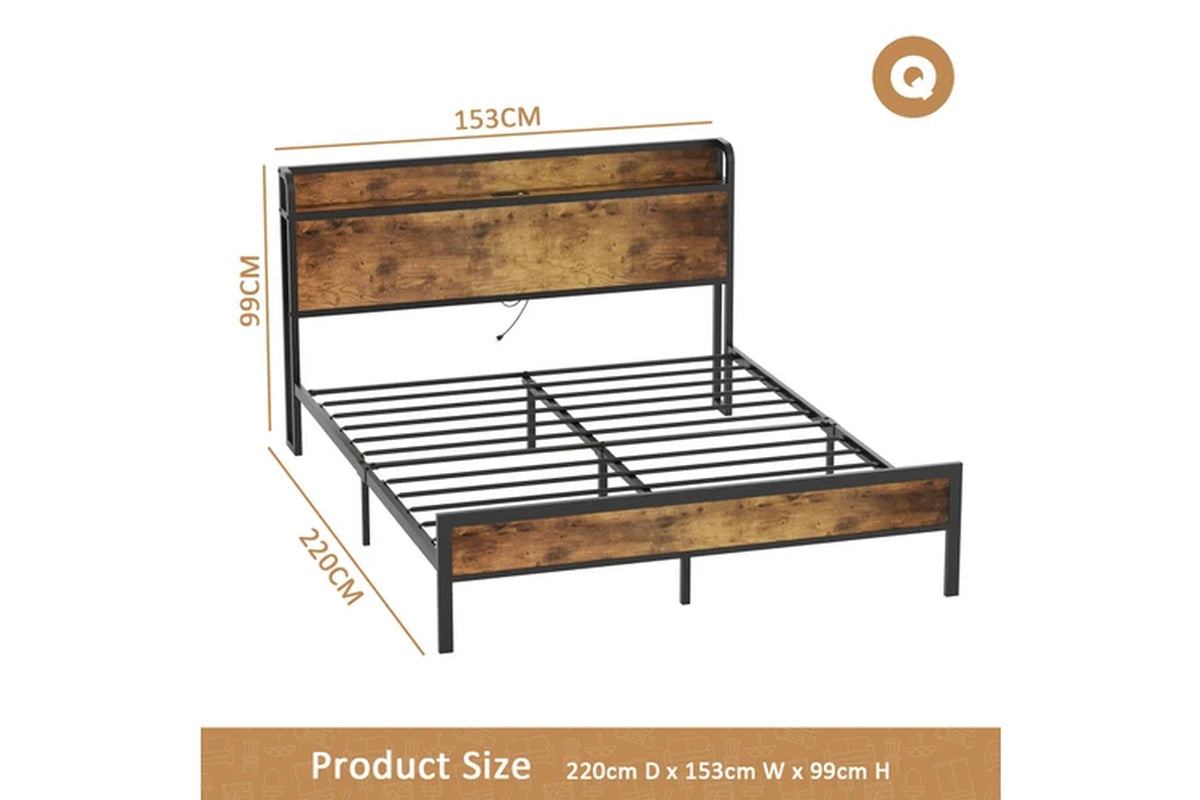 Bed Frame with Charging Station & Headboard Shelf Queen Size