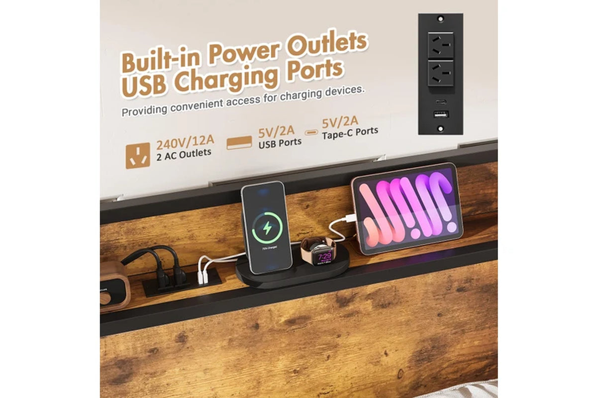 Bed Frame with Charging Station & Headboard Shelf Queen Size