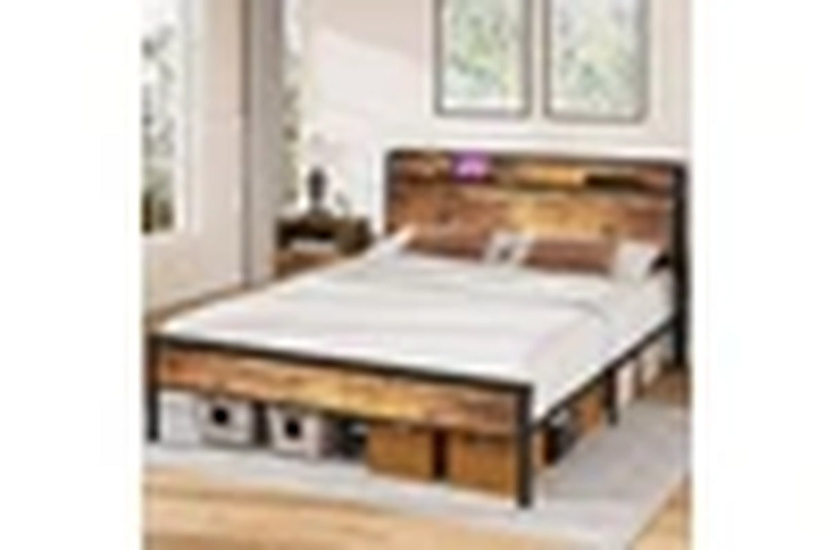 Bed Frame with Charging Station & Headboard Shelf Queen Size