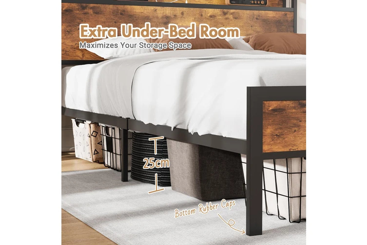 Bed Frame with Charging Station & Headboard Shelf Queen Size