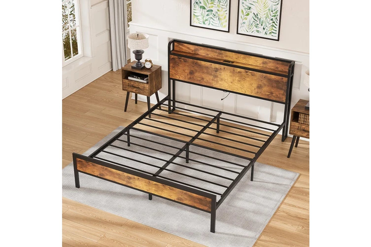 Bed Frame with Charging Station & Headboard Shelf Queen Size
